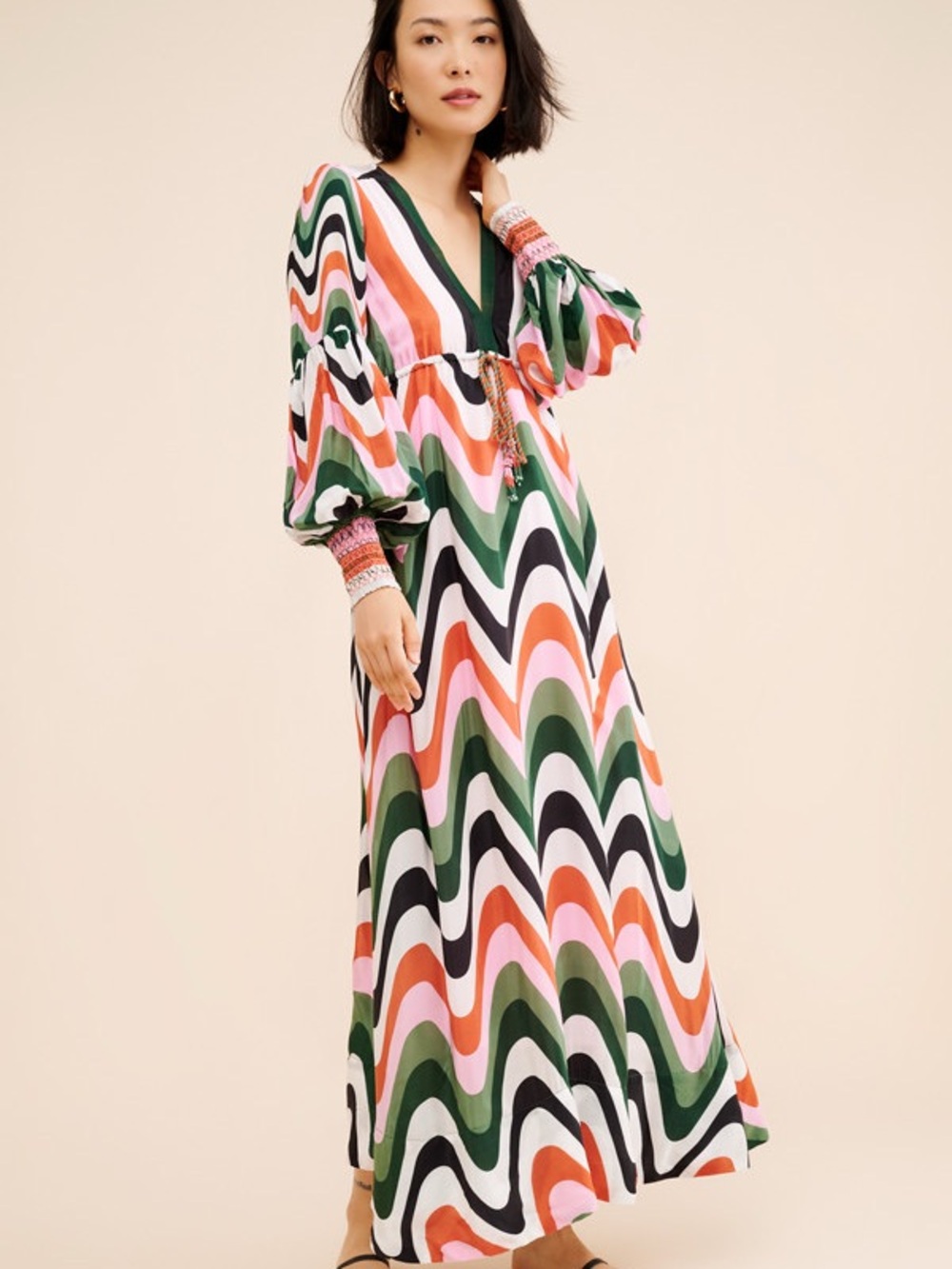 FARM RIO • Wave gradient maxi dress long sleeve XS multicolor Anthropologie